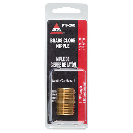 Ags Brass Close Nipple, 1-1/8 Length, Male (1/2-14 NPT), 1/card PTF-26C